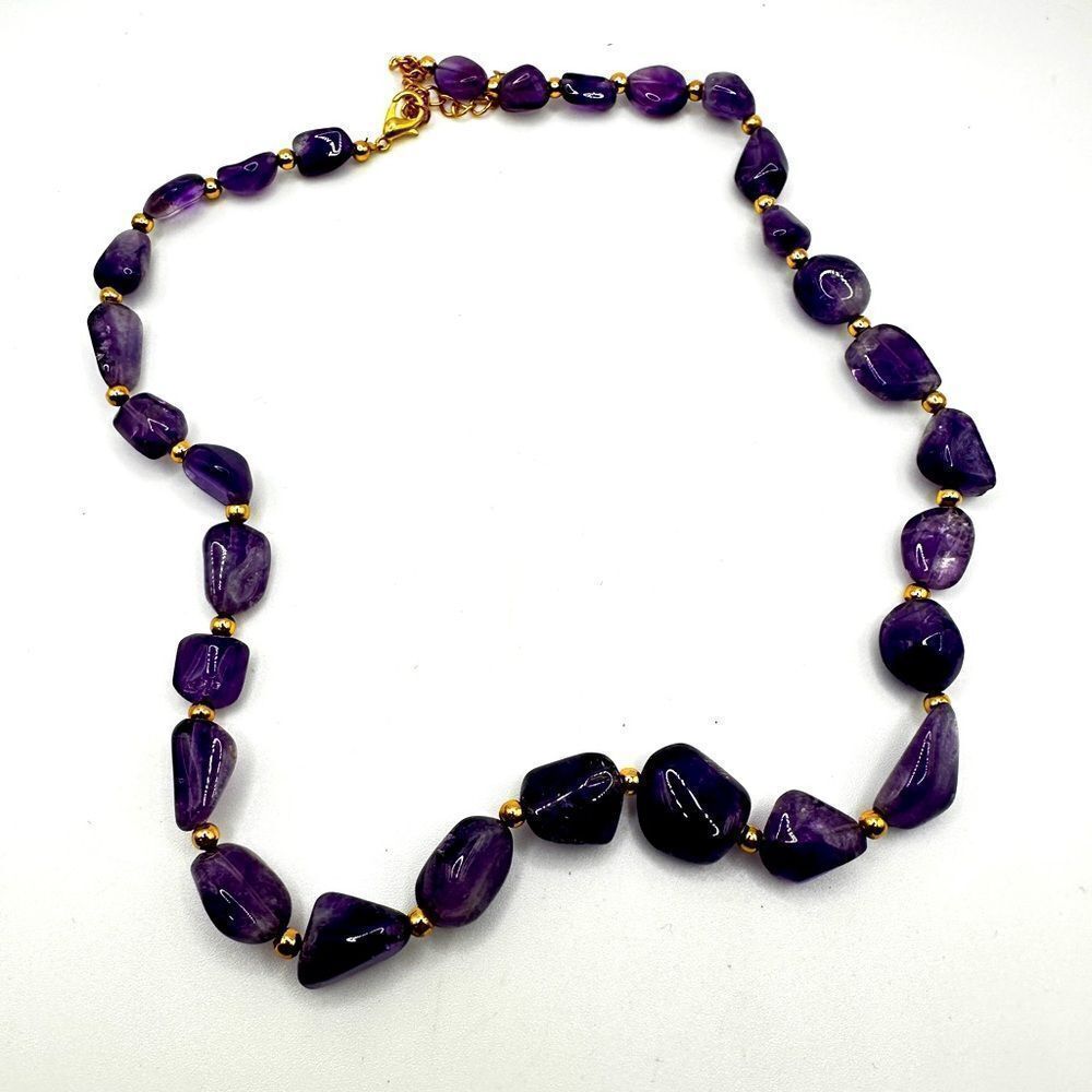 Up to 20", Polished Amethyst chunks with gold tone‎ accent beads, necklace!